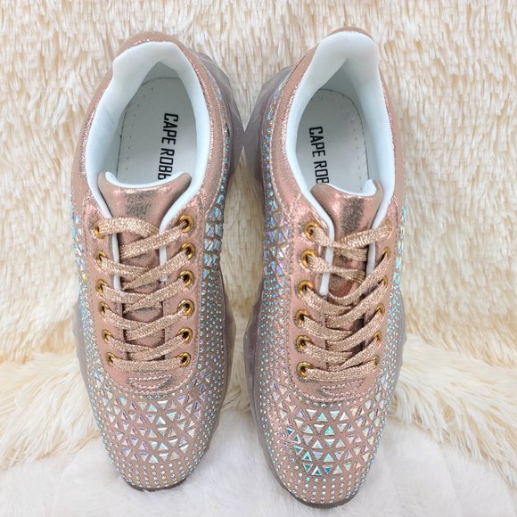 NWT Size 8/8.5 Iridescent Rhinestone and beaded Lace Up Sneakers - Picture 8 of 13